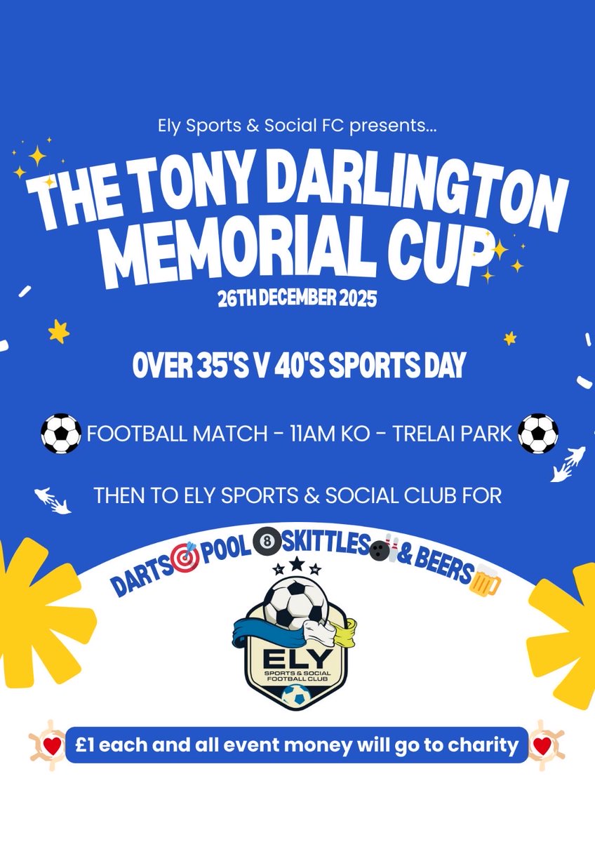 Football ⚽️and pub Olympics on Boxing Day, in honour of our club captain Darlow’s father, let’s make it a great day hopefully loads of players,friends and families get involved, come and support the football and join in at the club🏆 🎱🎯🎳🍻