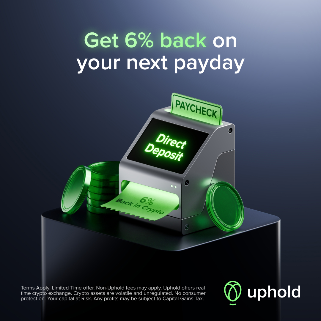 UpholdInc's tweet image. Last chance for 6% back on your paycheck 🎅🎁 

Set up Direct Deposit on Uphold to earn 6% back:
• 4% in $XRP
• 1% in $WMTx
• 1% in $ZBCN

⏳ Set up Direct Deposit by December 31 to boost your rewards. 

US Only. Terms Apply. More details ↓
