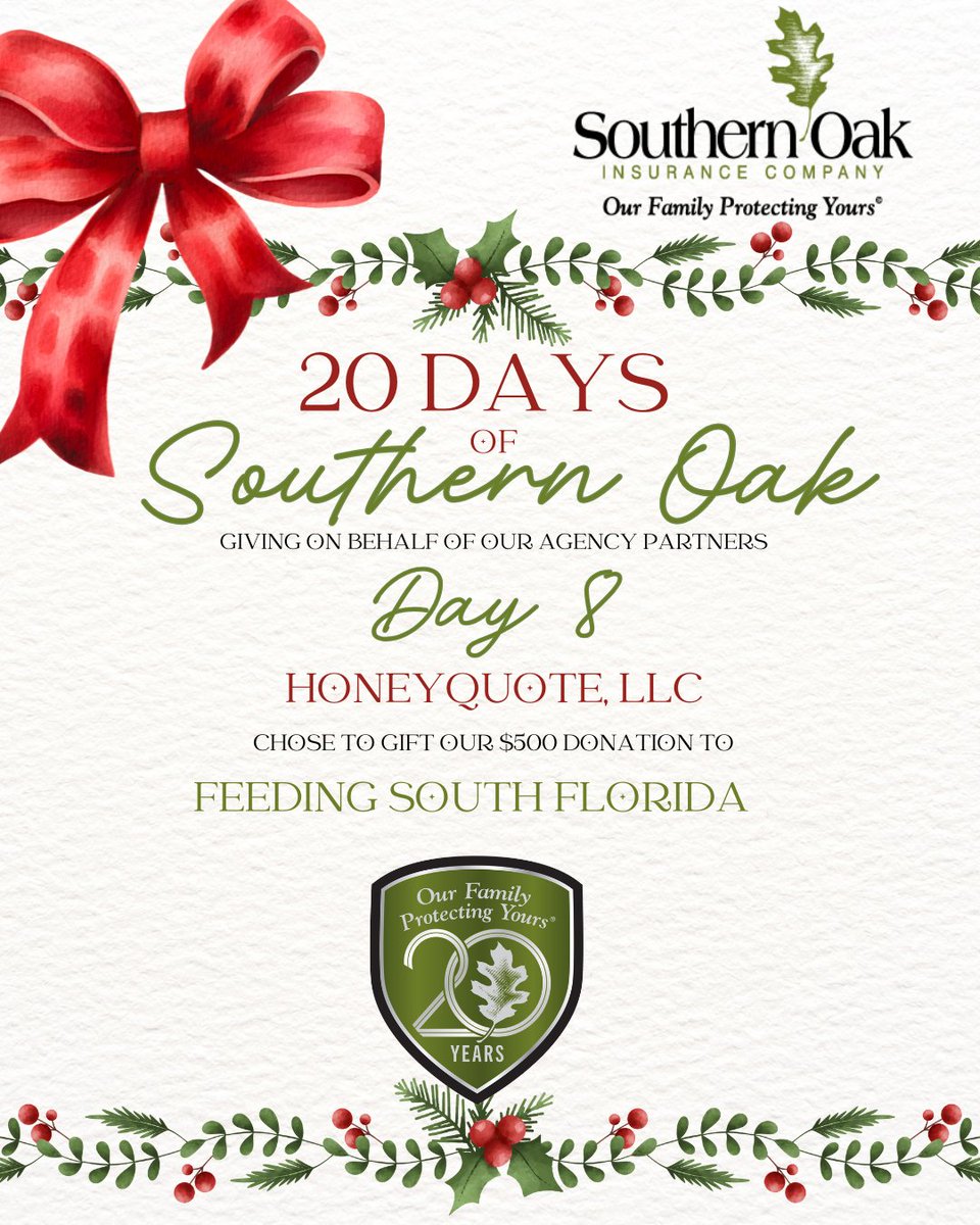 SouthernOakIns's tweet photo. Day 8 of the 20 Days of Southern Oak! Today’s $500 donation goes to Feeding South Florida on behalf of HoneyQuote LLC.
Thank you for supporting a mission that helps feed families and works to end hunger in South Florida. https://t.co/hMXJAlwsB9