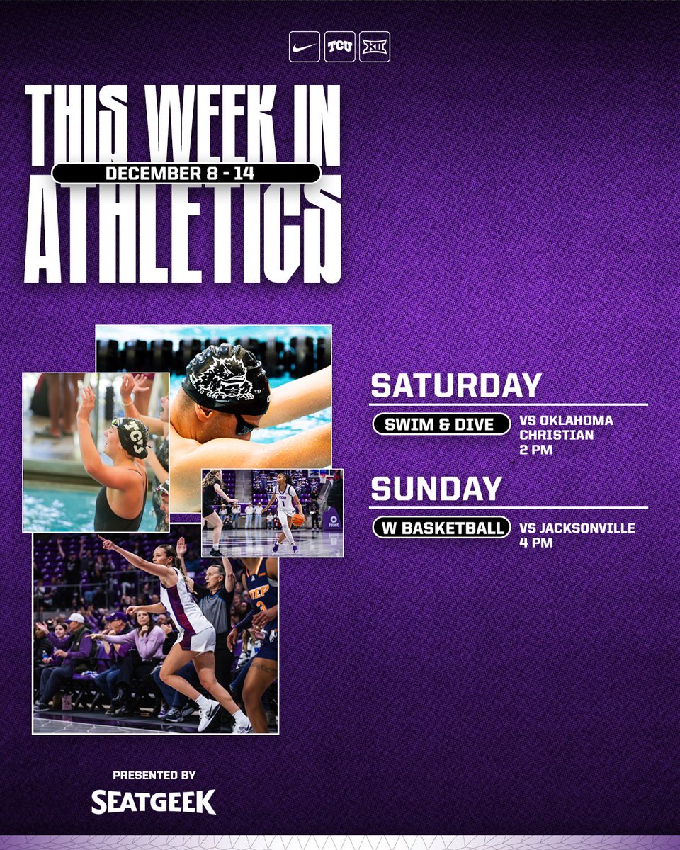 𝘀𝗽𝗲𝗻𝗱 𝘆𝗼𝘂𝗿 𝘄𝗲𝗲𝗸𝗲𝗻𝗱 𝘄𝗶𝘁𝗵 𝘁𝗵𝗲 𝗙𝗿𝗼𝗴𝘀! 

<a href="/TCUswimdive/">TCU Swim & Dive</a> returns home on Saturday, and we have <a href="/tcuwbb/">TCU Women’s Basketball</a> on Sunday! 

#GoFrogs