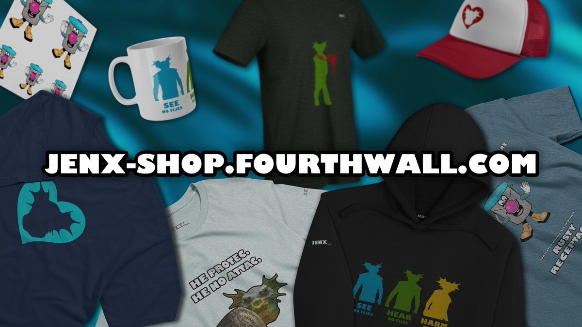 Jenx_Gaming_'s tweet photo. WE HAVE A MERCH STORE NOW! 
***link in replies***

I'm delighted to unveil our official shopfront for everything 'Jenx_'! Featuring a variety of stylish and/or silly 'Harms-No-Flies'-inspired designs, along with a cheeky fan-favourite Bin... https://t.co/A6Pb0gBB8x