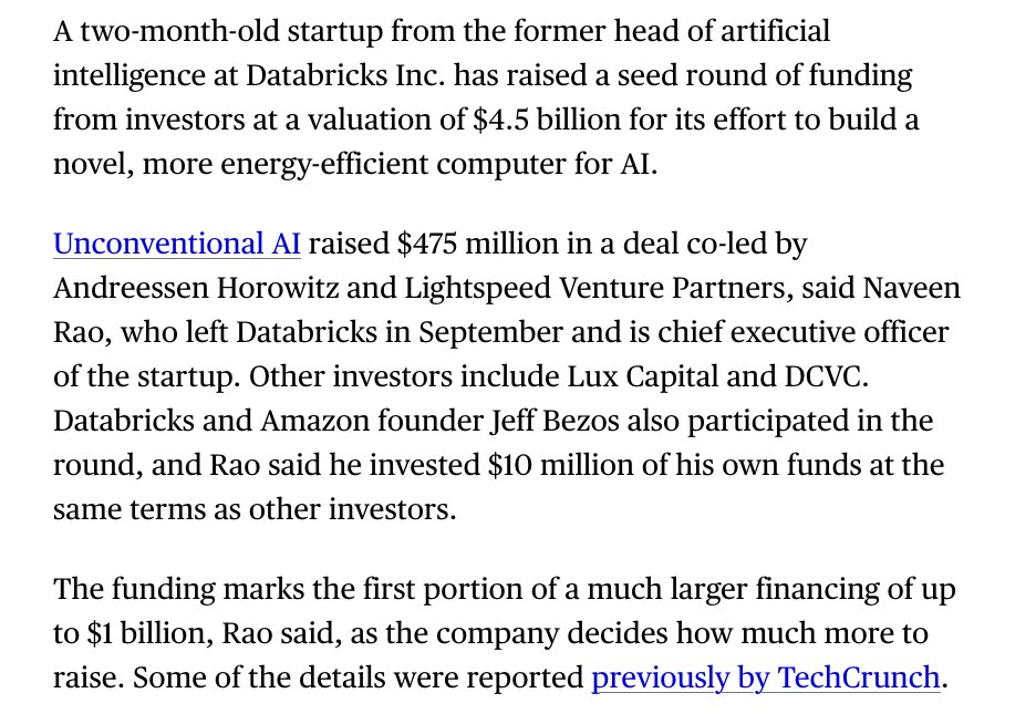 pitdesi's tweet image. Another Unicorn seed round.

@NaveenGRao, who founded MosaicML (acquired by Databricks for $1.3B) raised a $475M seed round at a $4.5B valuation.

What are the other companies that had &amp;gt;$1B valuation at Seed?
SSI, Thinking Machines, Erebor