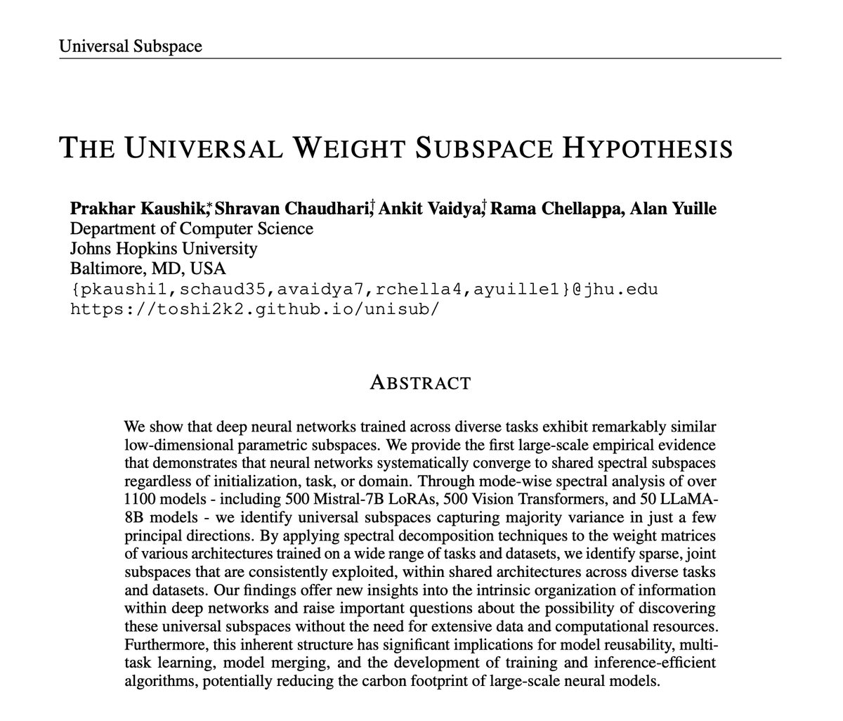 askalphaxiv's tweet image. all roads lead to the same subspace

&quot;The Universal Weight Subspace Hypothesis&quot;

500 ViTs, 500 Mistral LoRAs, 50 LLaMA models all collapse into shared 16-dimension subspaces regardless of data

Not every problem in AI is a data one