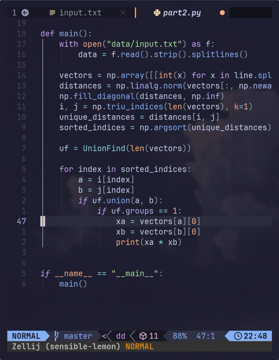 Ok, today I had to cheat. I was stuck at part 1. I had the vector distances sorted, but I couldn't find out how to build and manage the groups. I sent the problem to Gemini to ask what algorithm to use and he suggested to use a union find. I did not understand so he generated a