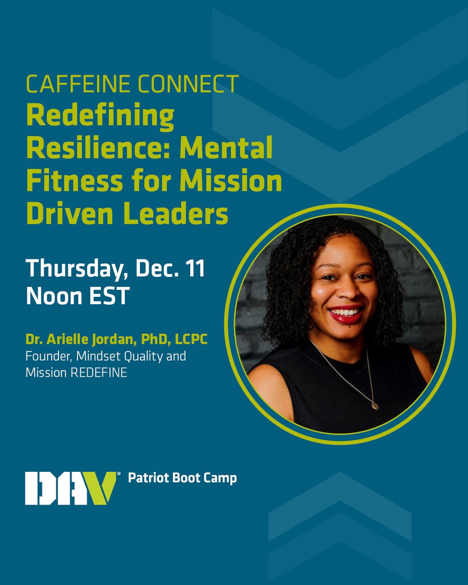 DAVHQ's tweet photo. Join us this Thursday at noon EDT for a live webinar that will help you redefine and build resilience as a founder and leader. Led by Dr. Arielle Jordan, founder of Mindset Quality and Mission REDEFINE.
RSVP ➡️https://t.co/c21bQOFWnh
#CaffeineConnect #DAV #DAVPatriotBootCamp https://t.co/pm4JuZb2aT
