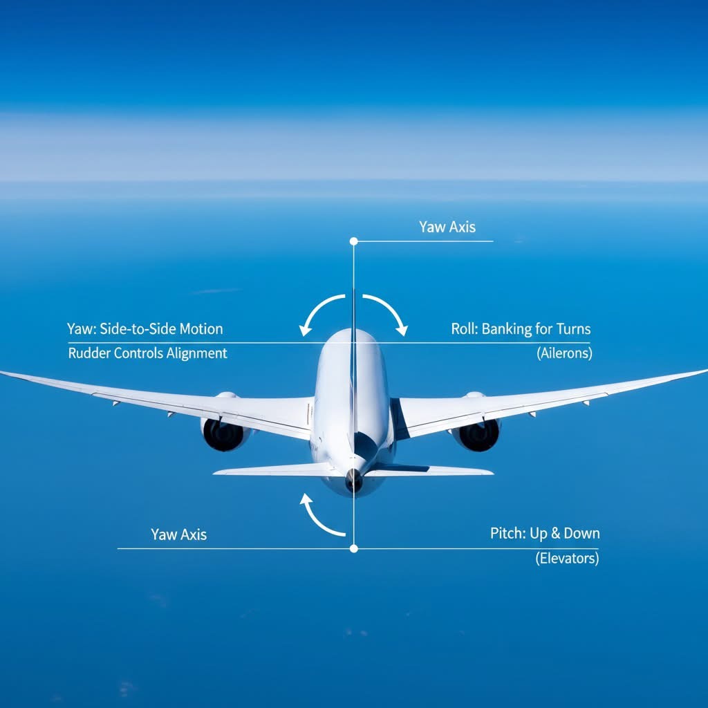 ✈ Yaw — The Silent Hand That Keeps an Aircraft True

A plane doesn’t just pitch up or roll left — it quietly twists on a vertical spine.
That rotation is yaw, a motion so subtle most passengers never notice it, yet it’s the difference between flying forward and sliding sideways