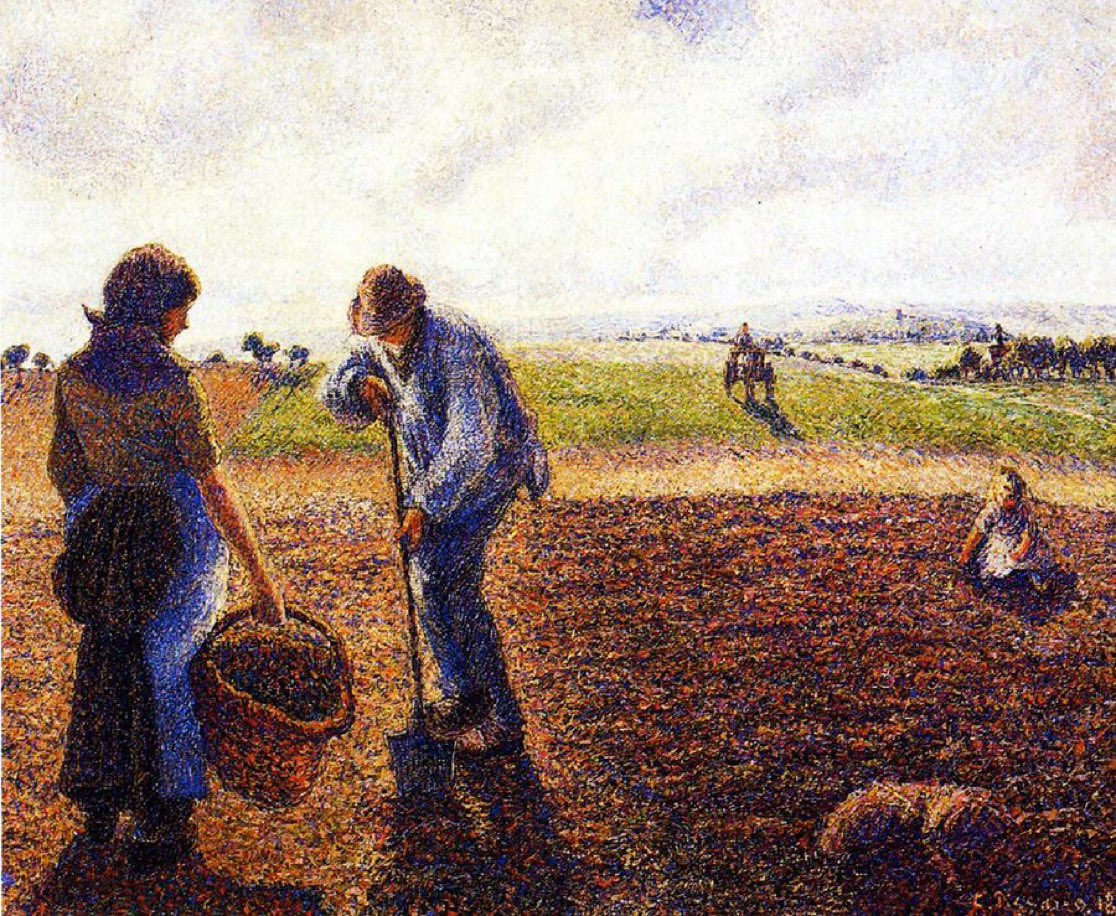 Campesinos en los campos de Eragny de Camille Pissarro 

Impresionismo francés.