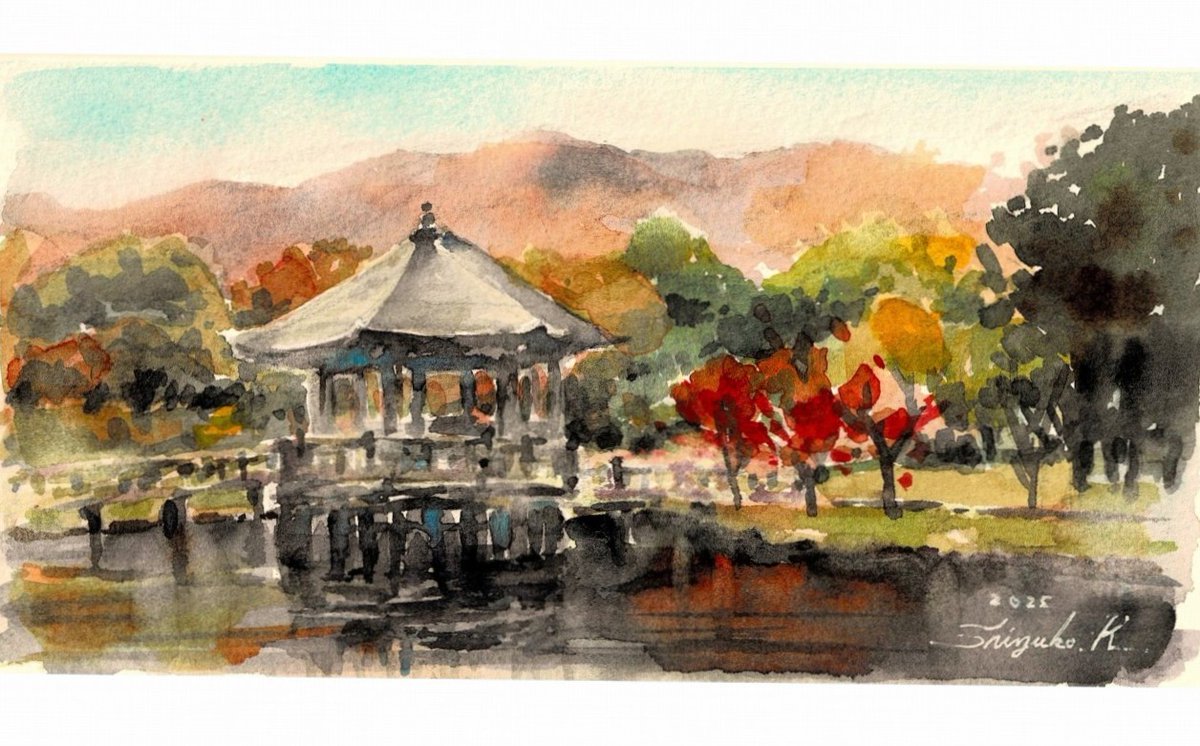 なでしこ　オリジナル水彩画 透明水彩スケッチ「奈良公園・秋」大判ポストカード 昨日は教室から