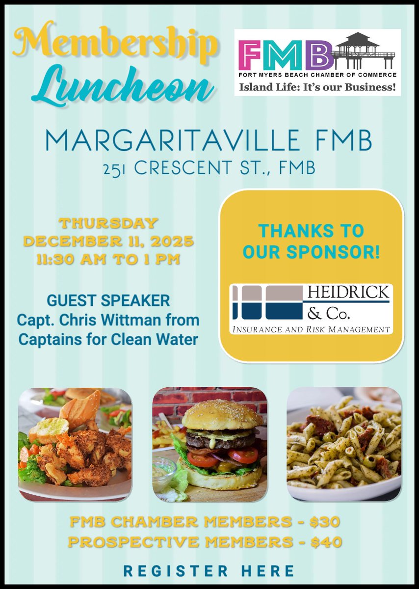 FMB_Chamber's tweet photo. 🌴 Join us for the FMB Chamber Membership Luncheon at Margaritaville FMB! 📅 Dec 11, 2025 | 11:30 AM – 1 PM 🎤 Guest Speaker: Capt. Chris Wittman, Captains for Clean Water 💲 Members $30 | Prospects $40
Register now 👉 https://t.co/y0L8GVLq93

#FMBChamber #visitfmb https://t.co/u1sVF3xlY9