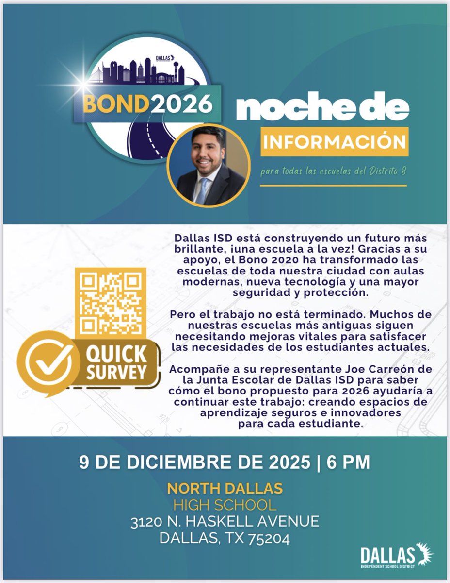 JuanCordobaDISD's tweet photo. Tuesday night! Join Dallas ISD Trustee @JoeCarreon at the District 8 bond 2026 info night! 

This is your opportunity to provide input and ask questions about future school improvements.

⏰ 6:00 p.m.
📅  Tuesday, Dec. 9
📍North Dallas HS, 3120 N Haskell Ave, Dallas, TX 75204 https://t.co/5MiuqNLpYf