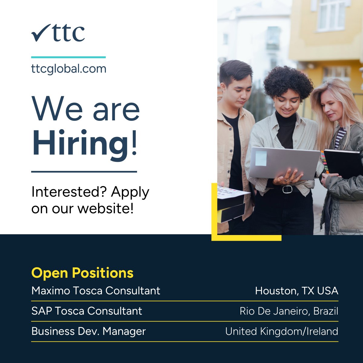 We are #hiring! Check out these new jobs👇

Business Development Manager (London, England): eu1.hubs.ly/H0qfSKm0

Maximo TOSCA Consultant (Houston, TX, USA): eu1.hubs.ly/H0qfRGK0

Bilingual SAP TOSCA Consultant (Rio De Janeiro, Brazil): eu1.hubs.ly/H0qfRFw0