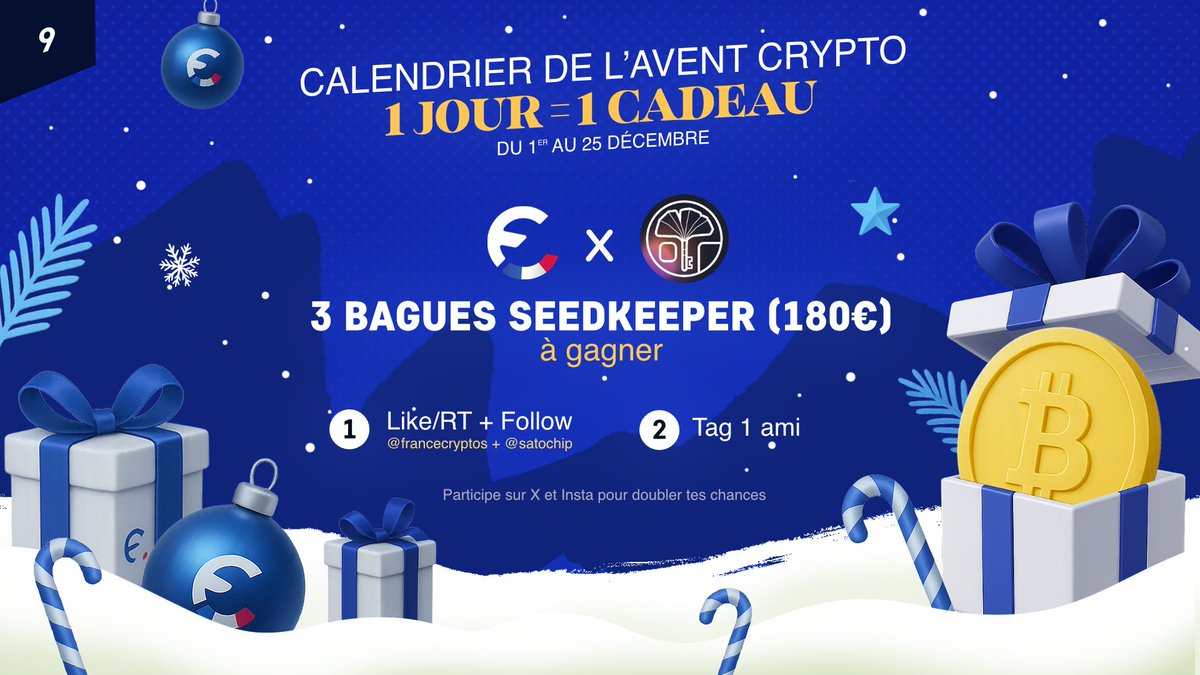 🎄 CONCOURS DE NOËL - JOUR 9🎁

À gagner aujourd'hui:
3 bagues Seedkeeper d'une valeur de 180€. 

Pour participer :
👉 Suivre @francecryptos &amp; <a href="/satochip/">Satochip</a> 
👉 Liker ce post
👉 Tag 1 ami en commentaire
✨ Bonus : double chance si tu participes aussi sur Insta !
📅 Tirage au sort le