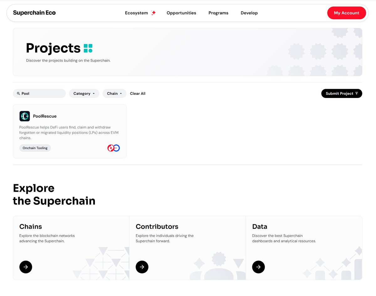 PoolRescue is now listed in the <a href="/SuperchainEco/">SuperchainEco.eth</a> 
ecosystem with <a href="/base/">Base</a> &amp; <a href="/Optimism/">Optimism</a> 🎉

superchain.eco/projects/poolr…

 Your LPs shouldn’t die just because a website does
-> poolrescue.xyz

If you miss a protocol or chain which we should add, let us know in the comments 🫡