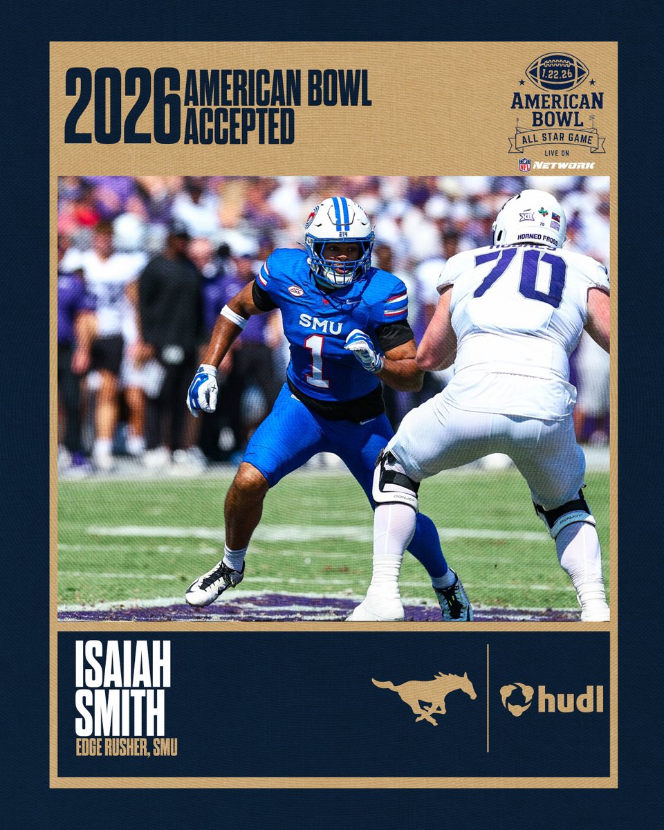 TheAmericanBowl's tweet photo. WELCOME TO AMERICA’S COLLEGE FOOTBALL ALL-STAR GAME! 🇺🇸

Isaiah Smith from @SMUFB has officially accepted his invitation to the 2026 American Bowl, where the nation’s top senior talent comes together to compete, represent their programs, and honor those who serve.

Next stop: Orlando 🇺🇸🏈

#TheAmericanBowl | #Accepted | #PathToTheDraft