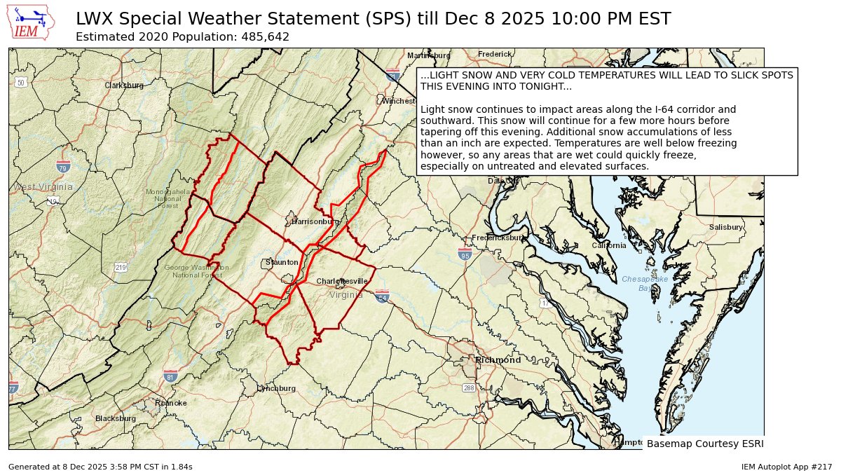 LIGHT SNOW AND VERY COLD TEMPERATURES WILL LEAD TO SLICK SPOTS THIS EVENING INTO TONIGHT for Albemarle, Augusta, Central Virginia Blue Ridge, Eastern Highland, Greene, Nelson, Northern Virginia Blue Ridge, Rockingham, Western Highla... till 10:00 PM EST mesonet.agron.iastate.edu/p.php?pid=2025…