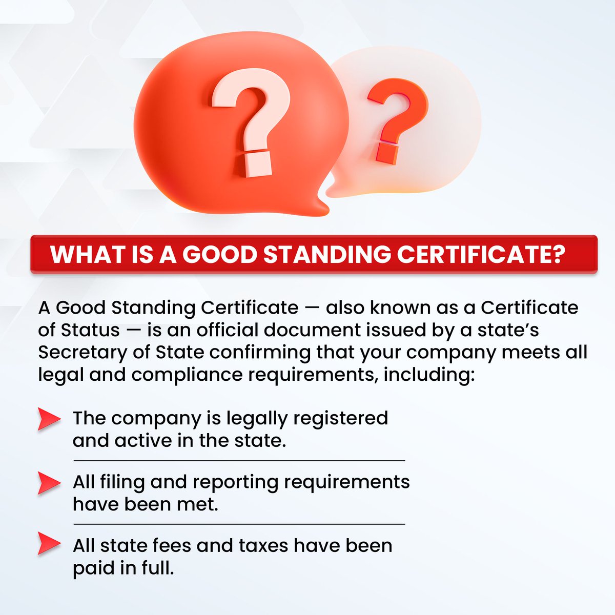 one_ibc's tweet photo. 📄 What is a Good Standing Certificate? It proves your U.S. company is active, compliant &amp; credible.

- Required for bank accounts, funding, or expansion
- Confirms filings, fees &amp; taxes are up to date

💼 One IBC helps you get or renew your certificate fast. https://t.co/8GBk9YLhjx