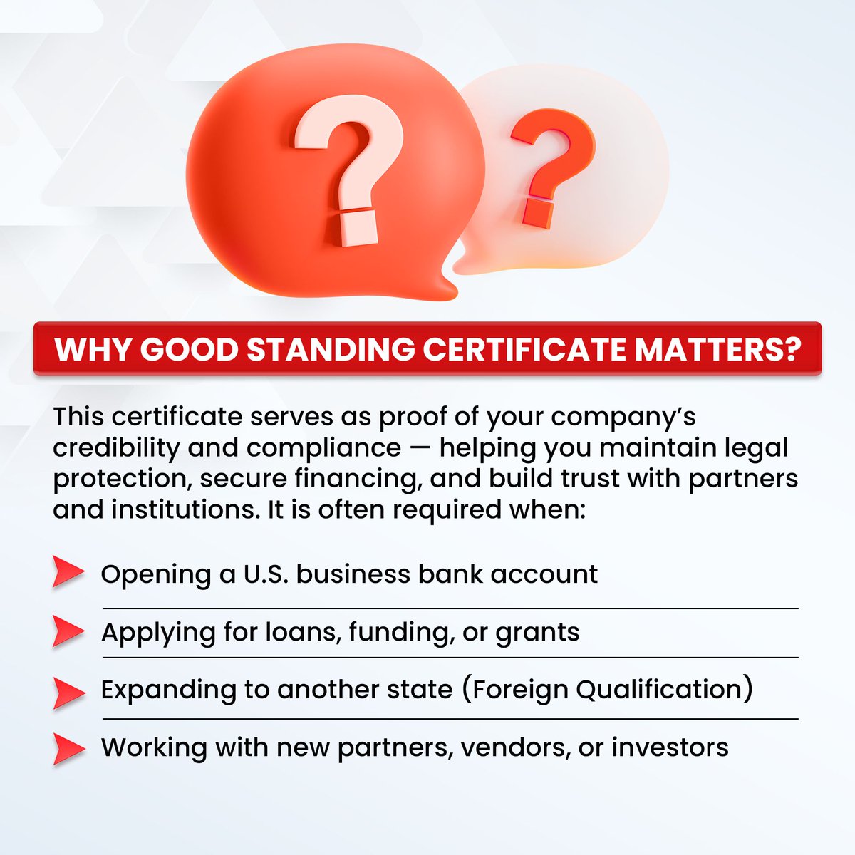 one_ibc's tweet photo. 📄 What is a Good Standing Certificate? It proves your U.S. company is active, compliant &amp; credible.

- Required for bank accounts, funding, or expansion
- Confirms filings, fees &amp; taxes are up to date

💼 One IBC helps you get or renew your certificate fast. https://t.co/8GBk9YLhjx