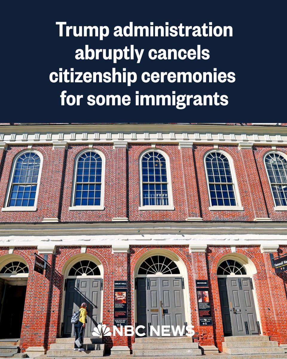 NBCNews's tweet photo. Several immigrants ready to take their citizenship oaths at Boston’s Faneuil Hall this week were told they could not proceed because of their countries of origin.

The naturalization ceremony is the final step to becoming a U.S. citizen, a process that takes years to complete.

USCIS has instructed its employees to halt immigration pathways to people from 19 countries deemed high risk, including Afghanistan, Cuba, Venezuela, Haiti and Somalia.

Several people said they received cancellation notices through an online portal but the notices provided no further guidance.

“It’s despicable and it is deeply painful to see this happening across the country but to feel it at the cradle of liberty in Boston at Faneuil Hall a place that represents the foundation of this country and the very values that have made our nation who we are,” Boston Mayor Michelle Wu said.

Read more: https://t.co/jJGeL6RSFO