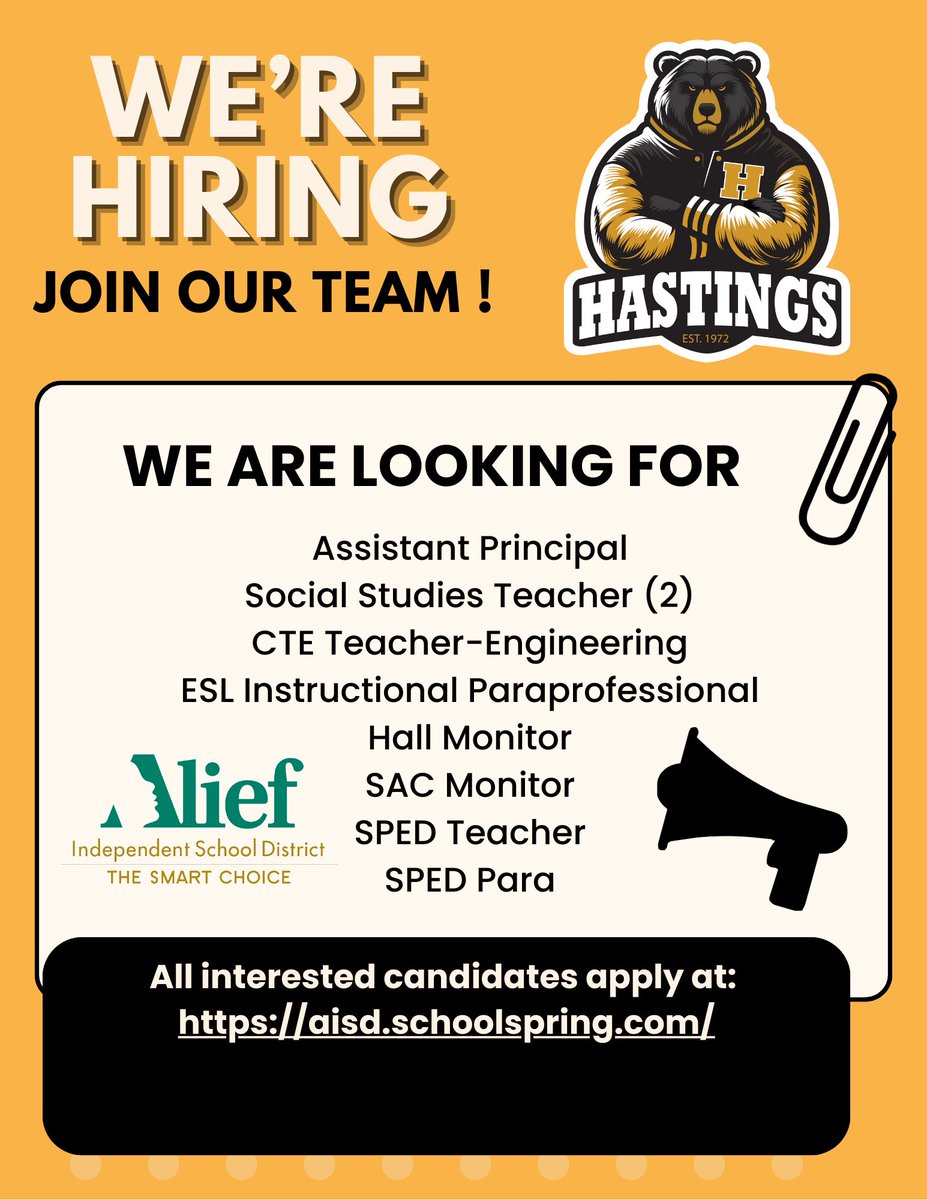 MrLawrenceAP's tweet photo. Hastings High School is hiring!
Join our amazing team of educators and support staff. We’re looking for leaders, innovators, and dedicated professionals to serve our students.

✨ Now hiring:
• Assistant Principal and more

📍 Apply today: https://t.co/xg5Qy6sHXb
 #AliefProud https://t.co/inEucEsq5v