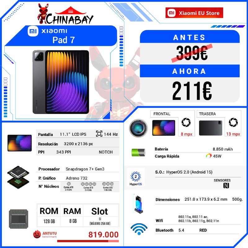ChinaBay_deals's tweet image. 🟢¡¡ BAJADA DE PRECIO !! 

🧡 Xiaomi Pad 7  
💶 Precio: 211.80€  
📝 Cod. Promo: IFPXKFX8  
🌐 Comprar aquí: chinabay.pro/3JZ2UFi  

🔴 Qualcomm Snapdragon 7+ Gen3  
🔘 8 GB RAM  🔘 128 GB ROM  

#XiaomiPad7 #Tablets #Tecnología #Snapdragon #OfertasTecnológicas
