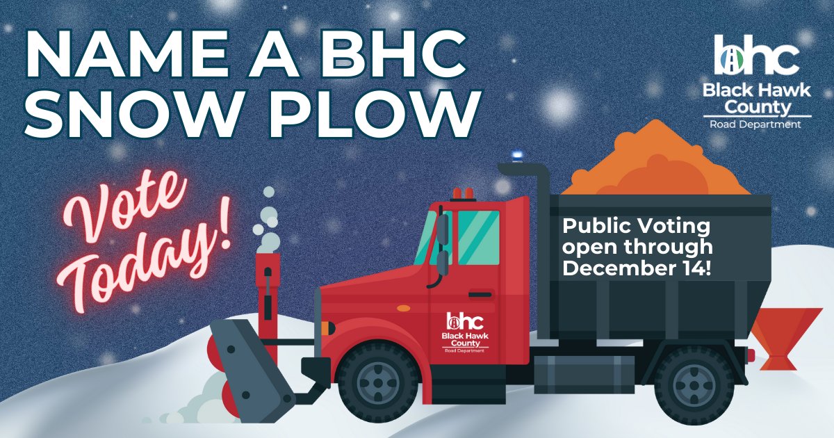❄️𝗡𝗔𝗠𝗘 𝗔 𝗕𝗛𝗖 𝗦𝗡𝗢𝗪𝗣𝗟𝗢𝗪!❄️
We've got the snow- now we need the names! Help us name our next  THREE <a href="/BlackHawk_Co/">Black Hawk County</a> snowplows.

Public voting is open til 12/14!  Use this link to vote: loom.ly/26YLpx0

#RoadDepartment #Snowplow #BlackHawkCounty #Contest #Roads