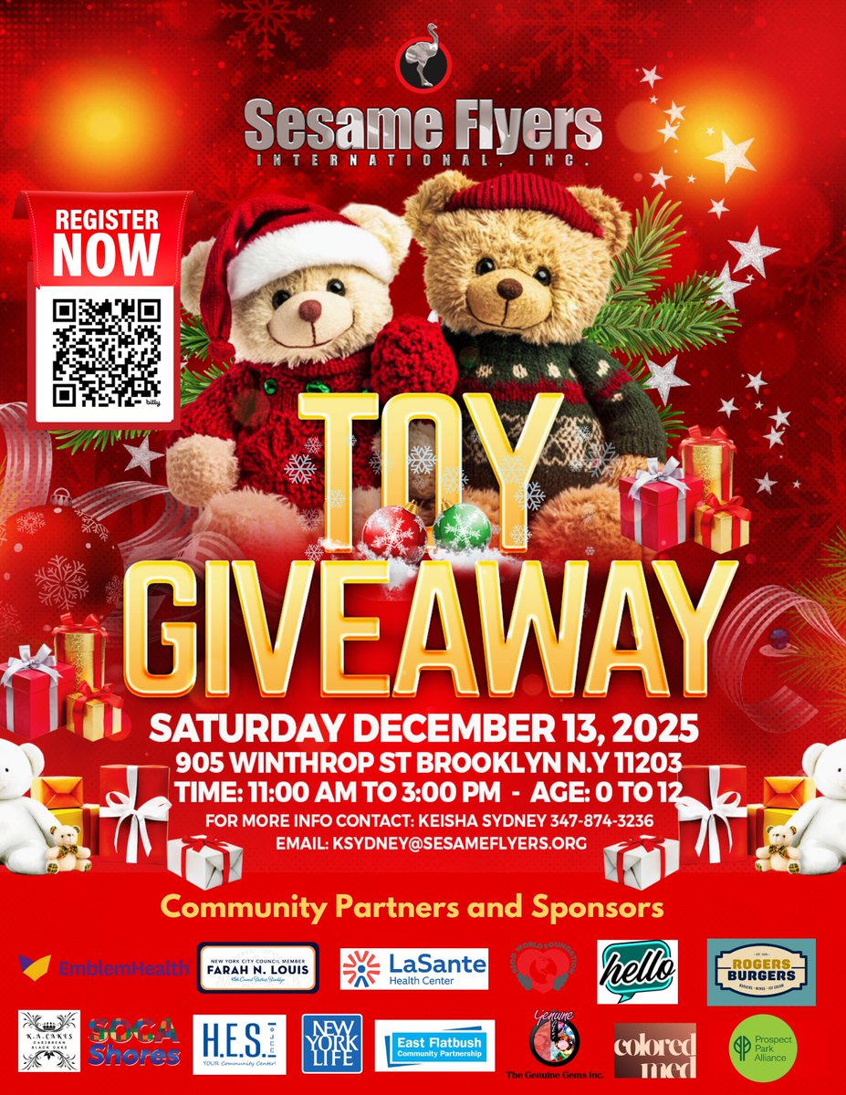 Prospect Park Alliance is proud to partner with @sesameflyers for the 2025 Annual Toy Drive + Holiday Giveaway! Help spread holiday cheer by donating new, unwrapped toys for children ages 0–12 at drop-off sites including <a href="/LeFrakLakeside/">LeFrak Center at Lakeside in Prospect Park</a>. Donations are accepted through Dec.  11.