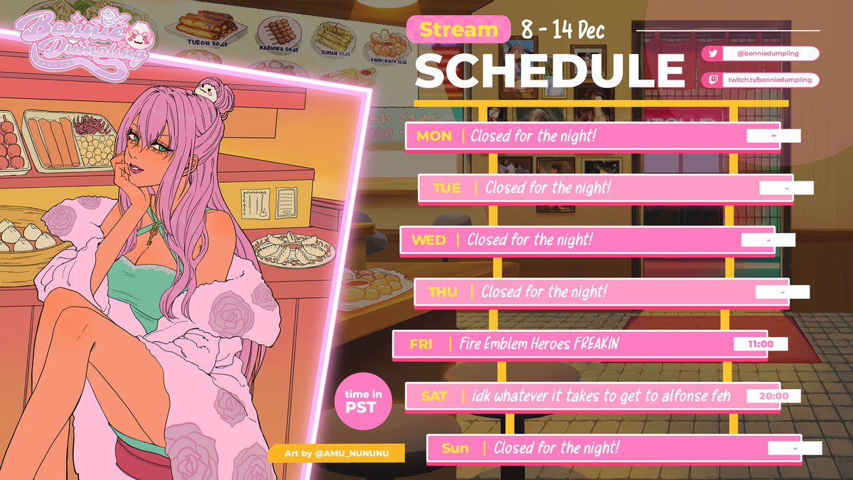 bonniedumpling's tweet photo. 👩‍🍳 STREAM SCHEDULE 🍳

COUGHIN FROM DUSTING THIS OFF BUT I'M BRINGIN AND THROWIN IT BACK SHAWTY 😷💅🥟

A couple of baby steps towards a full return but steps taken regardless !!!

🎨: @/AMU_NUNUNU https://t.co/RCTuB2C651