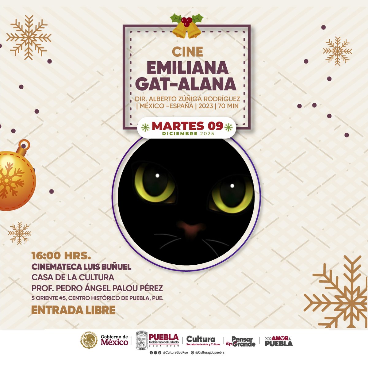 CulturaGobPue's tweet photo. La magia del cine vuelve con “Emiliana Gat-alana”, una narración poderosa que conecta con el corazón.

    📅 9 de diciembre
    🕓 16:00 hrs
    📍Casa de la Cultura
 
    El @Gob_puebla te acompaña en cada historia.

  #PorAmorAPuebla💕 https://t.co/26GvR0DnOt