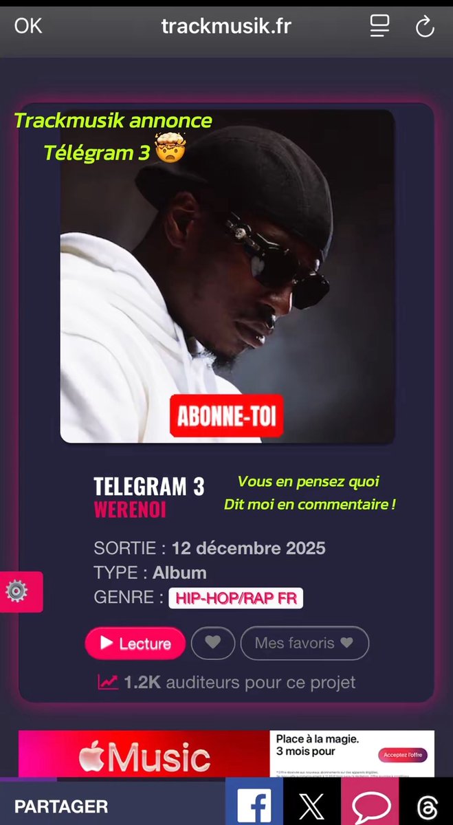 C’est OFFICIEL TELEGRAM 3 de Werenoi sort Le 12 décembre (Source : Trackmusik)