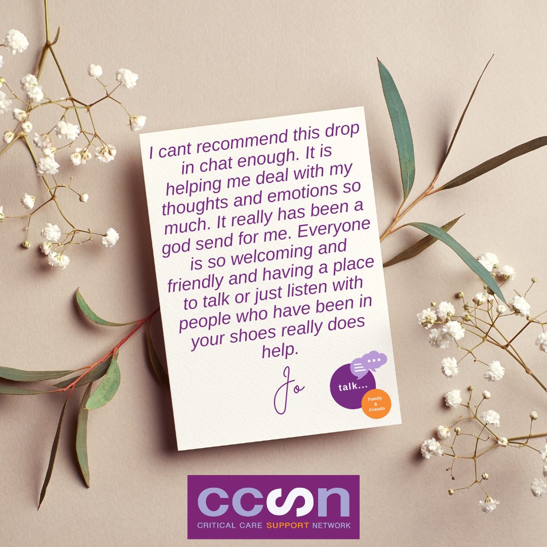 Our Family Drop-in is today @ 8pm on zoom
If someone you love or care for is or has been in ICU you're welcome to join us for a chat
It can feel very lonely but sometimes it helps just to know that someone understands what going on
Please email info@cc-sn.org for more details