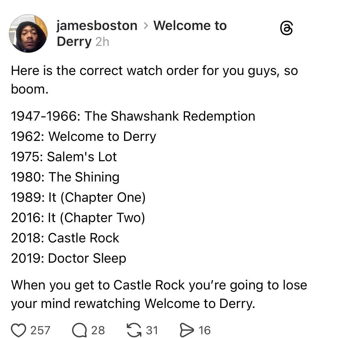 fansofFROM's tweet image. Someone kindly put a watch order together for y’all who want to get into the Stephen King Universe. 

#StephenKing
#SKU
#WelcomeToDerry