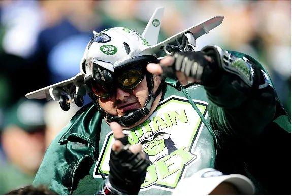 Justin4ocho's tweet image. Captain Jet" Ray Hoffman,  a well-known @nyjets superfan from Staten Island, known for his distinctive homemade helmet &amp;amp; green cape is out on next years season tickets.  Bad products are hard to sell!!