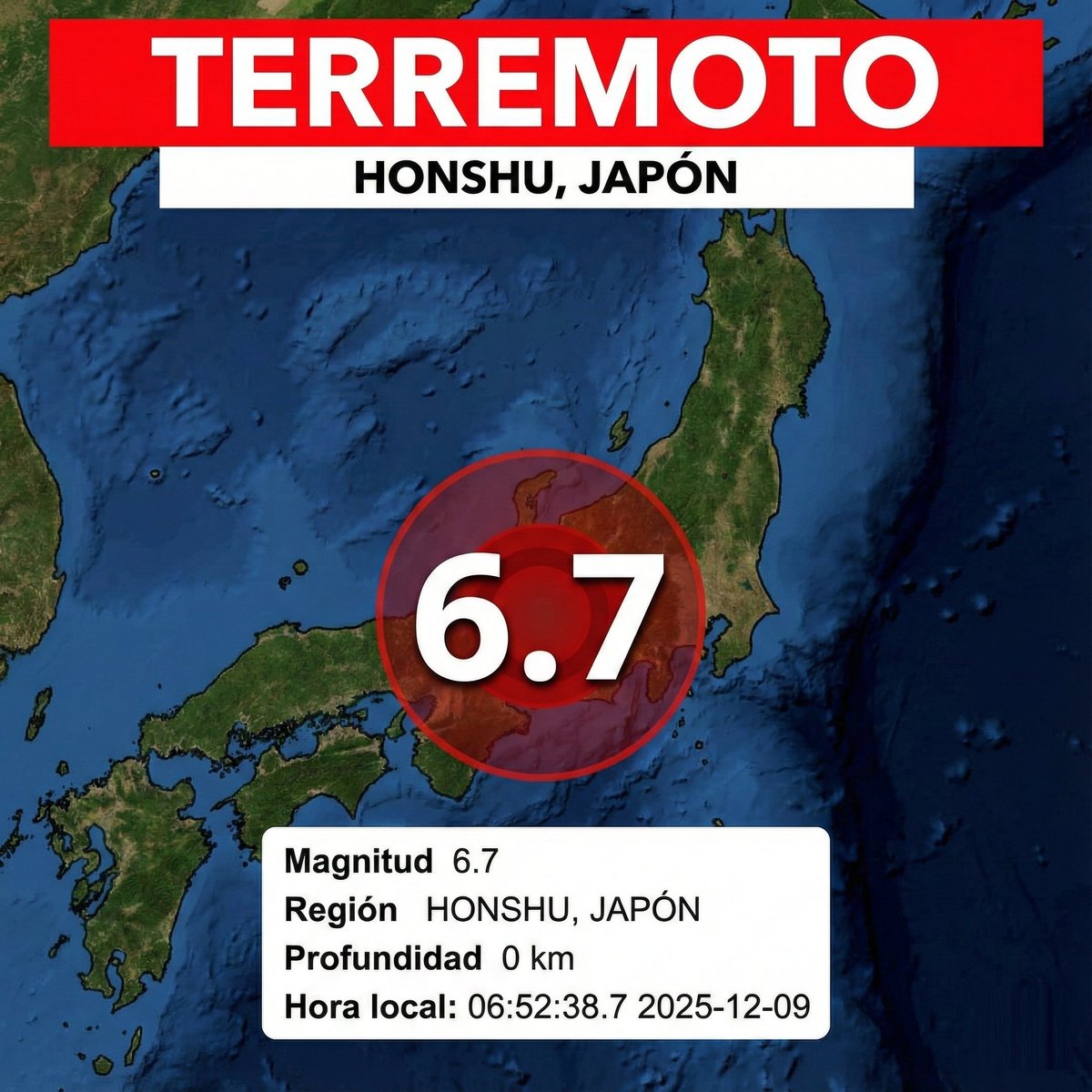 🇯🇵 Nuevo sismo de magnitud 6.7 en Hokkaido, Japón 🌏

Un fuerte terremoto de magnitud 6.7 🇯🇵 a 10 km de profundidad.
El epicentro se ubicó a 126 km al SSE de Urakawa (población: 12,800) 🏘️.
Las autoridades evalúan daños y posibles réplicas. ⚠️
