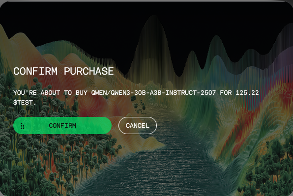 CryptoHero111's tweet photo. Confirmation screen before buying shares of the Qwen 30B model on the Gensyn market.
It shows the final cost and lets you either confirm or cancel the trade. https://t.co/h05IBO8ZTd