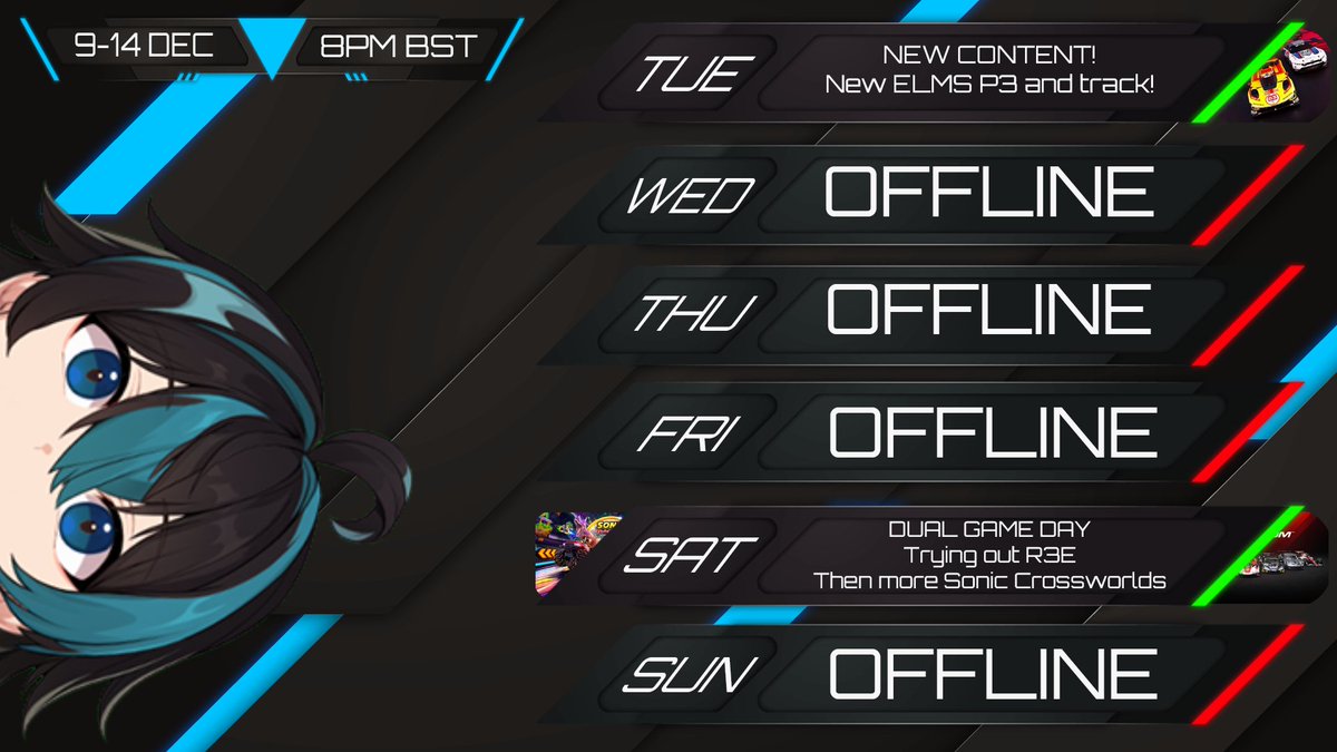 JayJ_Tetravluh's tweet photo. DING DONG BING BONG NEW SCHEDULE
Likely the last one for this... year actually oh god. I'm off from next Wednesday for the holidays so I won't be back till January 😭
New LMU content, then we give RaceRoom a try on saturday! (with more SRC to boot)
#LeMansUltimate #R3E #Vtuber https://t.co/AoACnL8COV