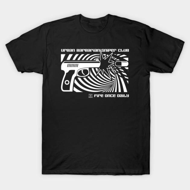 urbanbarbarian's tweet photo. A new T-shirt design for terrible people. URBAN BARBARIAN SNIPER CLUB * FIRE ONCE DAILY https://t.co/Nhc5QjqZ9N delivers coffee too... cups, hats.  All that wonderful nonsense. https://t.co/jETOA3sZic