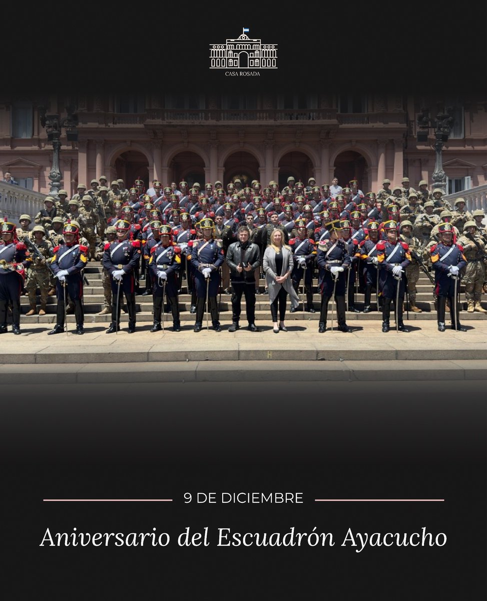 Este 9 de diciembre y a 201 años de la heroica Batalla de Ayacucho, conmemoramos el aniversario del Escuadrón Ayacucho del Regimiento de Granaderos a Caballo, heredero directo de aquella gesta libertadora.

Honor y gloria a quienes, custodios del Presidente de la Nación y