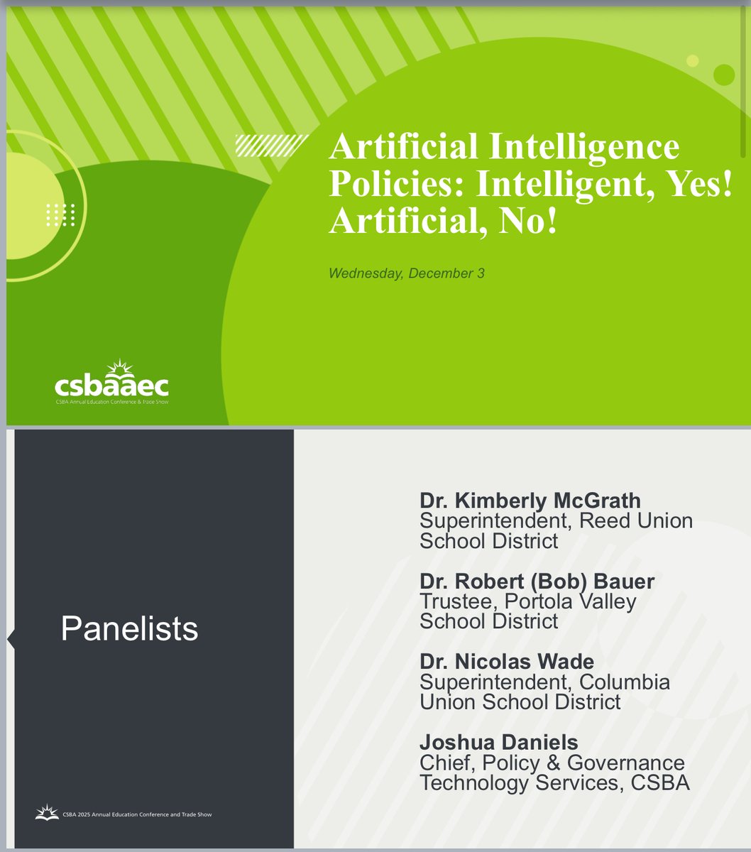 DrNicolasWade's tweet photo. Presented at the CSBA AEC last week as part of the @CSBA_Now AI Taskforce.  Grateful for the trustees &amp; superintendents who said it was one of the best sessions of the conference.  Proud of the real work districts are doing to  integrate AI responsibly. #CSBAAEC #K12AI https://t.co/P7Twn894J7