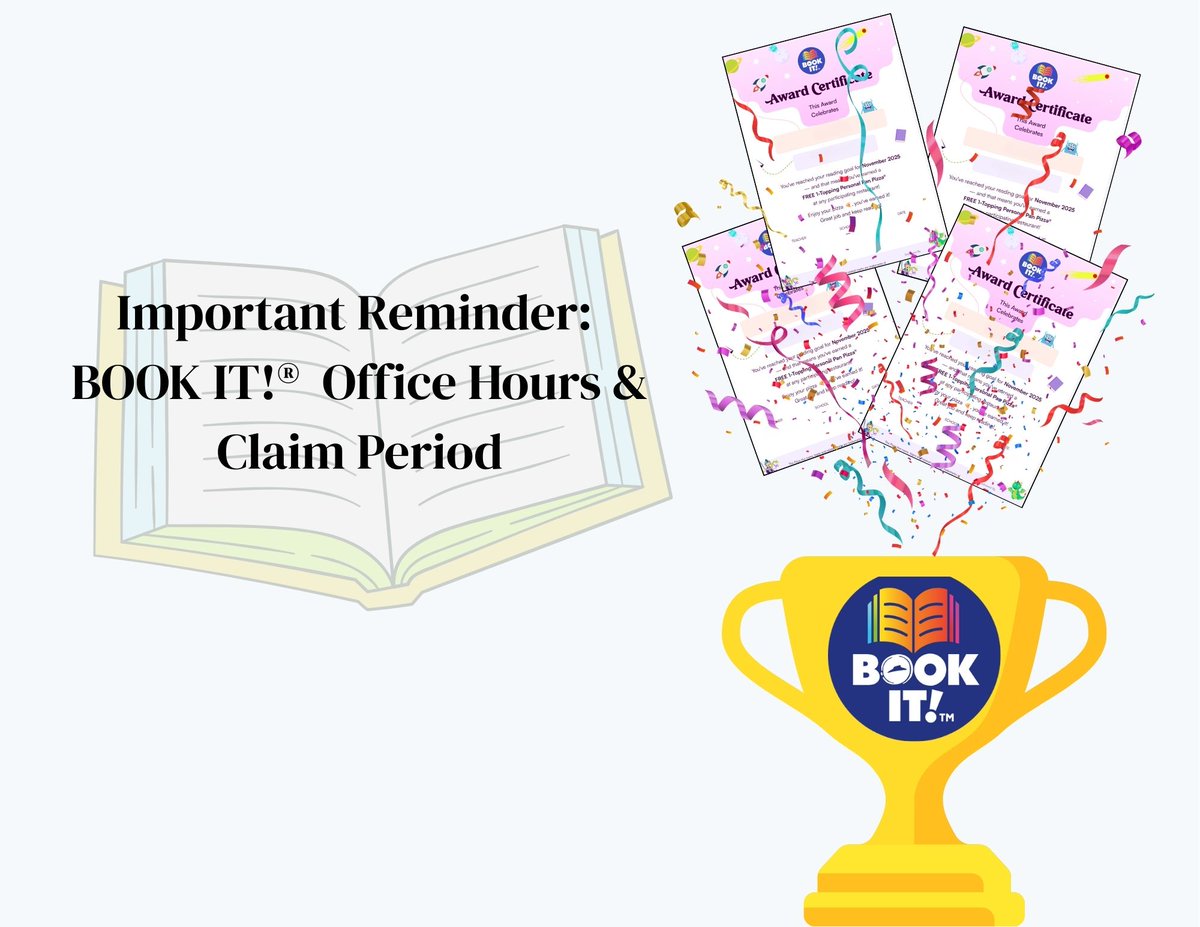 bookitprogram's tweet image. BOOK IT! ® Office Hours &amp;amp; Claim Period Reminder:
Our office hours are Monday–Friday, 9 AM–4 PM CST. Since we will be out of the office on December 13th and 14th, please email any claim issues that need assistance on or before Friday, December 12th to ensure the issue is resolved…