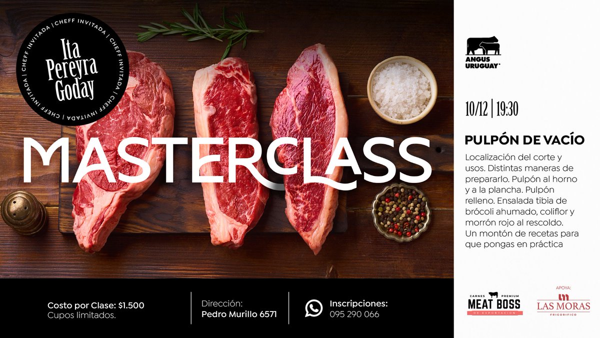 Este miércoles llega una nueva MASTERCLASS 
PULPÓN DE VACÍO 🥩
✅Localización del corte y usos  
✅Distintas maneras de prepararlo 
✅Pulpón relleno  
✅Ensalada tibia de brócoli ahumado, coliflor y morrón rojo al rescoldo..  
Un montón de recetas para que pongas en práctica