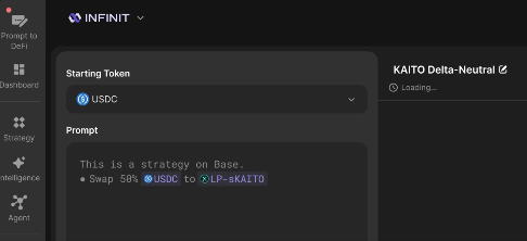Infinit prompt to defi is looking good tbh .
 
Here is a sneak peak from <a href="/Infinit_Labs/">INFINIT</a> . This is showing that you can just select a starting token for eg, USDC and give a prompt to swap and lp on any protocol to earn yield.

This feature will be a real game changer ngl, lock $IN