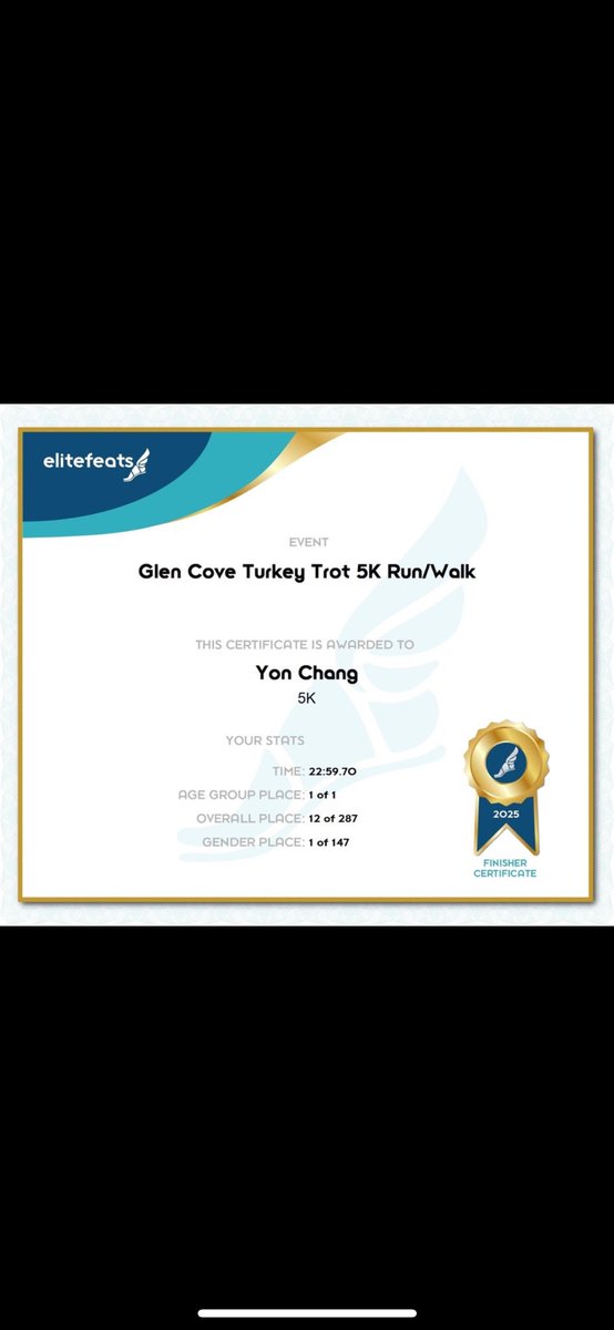 Congratulations to long-time Runcoach member Yon Chang, who broke the tape at the Glen Cove Turkey Trot with a fast 22:59/5K on a challenging course.  We are delighted to see Yon first in the results after a tremendous year of training.