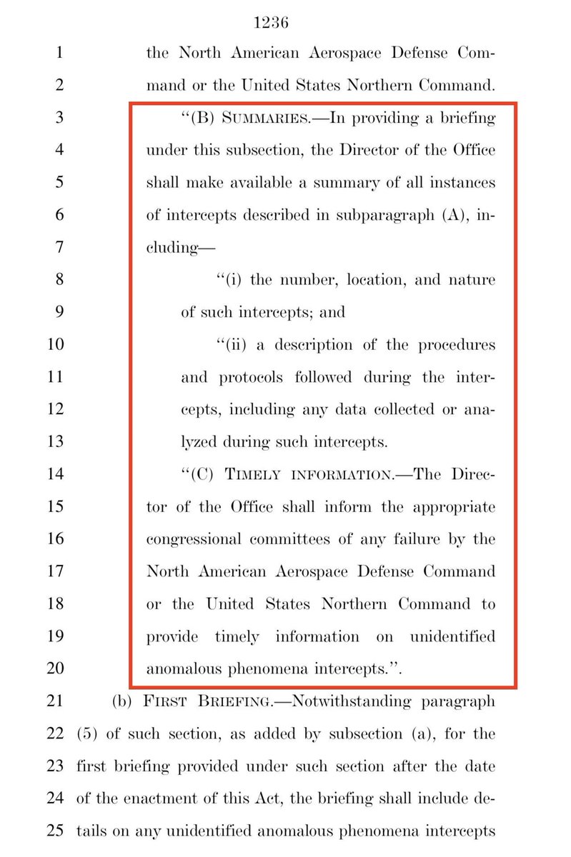 Truthpole's tweet photo. 🚨 BREAKING - Congress confirms through newly released NDAA 2026 that US Military is intercepting UFOs. Wants detailed accounting of UAP "Intercepts" done by NORAD. Number of intercepts, location and data collected from the intercepts.

The section for "Matters Relating to Unidentified Anomalous Phenomena" starts on page 1235.

Link in the comments

#Ufotwitter