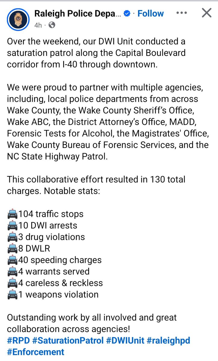 Thank you Raleigh Police for trying. But these stats are not good. Think how many didn't get caught that day/night breaking the law.