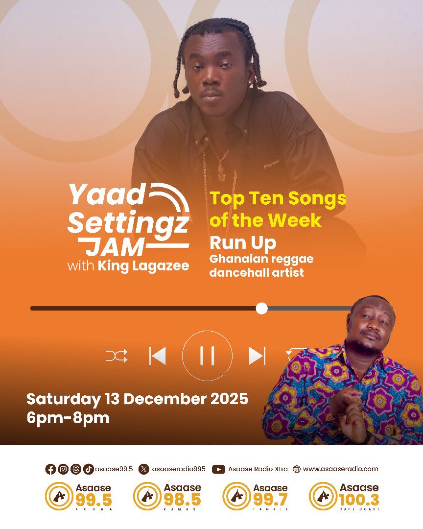 LagazeeSoundGH's tweet image. #YaadSettingzJam With @KingLagazee On @AsaaseRadio995 Nationwide, Every Saturday • 6pm - 8pm 🕗 • Accra - Ghana 🇬🇭 

Spotlight on Ghanaian reggae dancehall artist @RunUpGH

List your #Top10 songs for me now

Sat. 13th Dec. 2025

Stream : asaaseradio.com

#AsaaseRadio