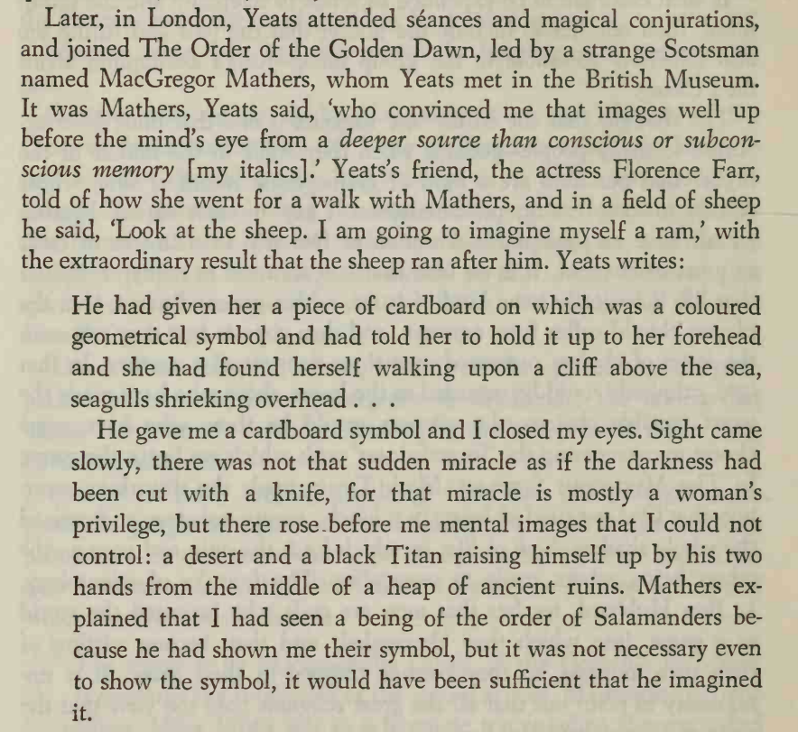 myechtra's tweet image. Yeats' experience with the magician MacGregor Mathers convinced him that images and impressions could be placed into one's consciousness from an external source.

Mathers gave Yeats a symbol which induced in his mind's eye a vision of a titan emerging out of ancient ruins.