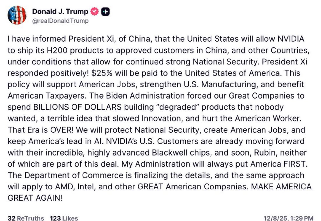 Trump needing a deal from Xi so badly he just capitulated on Nvidia chips to China. 

Because of course he did.