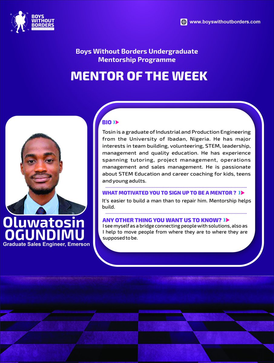 Mentor Spotlight ✨

Meet Oluwatosin Ogundimu <a href="/the_tosin_oj_/">Oluwatosin Ogundimu</a>, last week’s Mentor of the Week from our Undergraduate Mentorship Programme.

Thank you for pouring out into the younger generation. Cheers to impact, growth, and breaking borders 🥂. 

#BWBUMP #BWBNG #MentoroftheWeek
