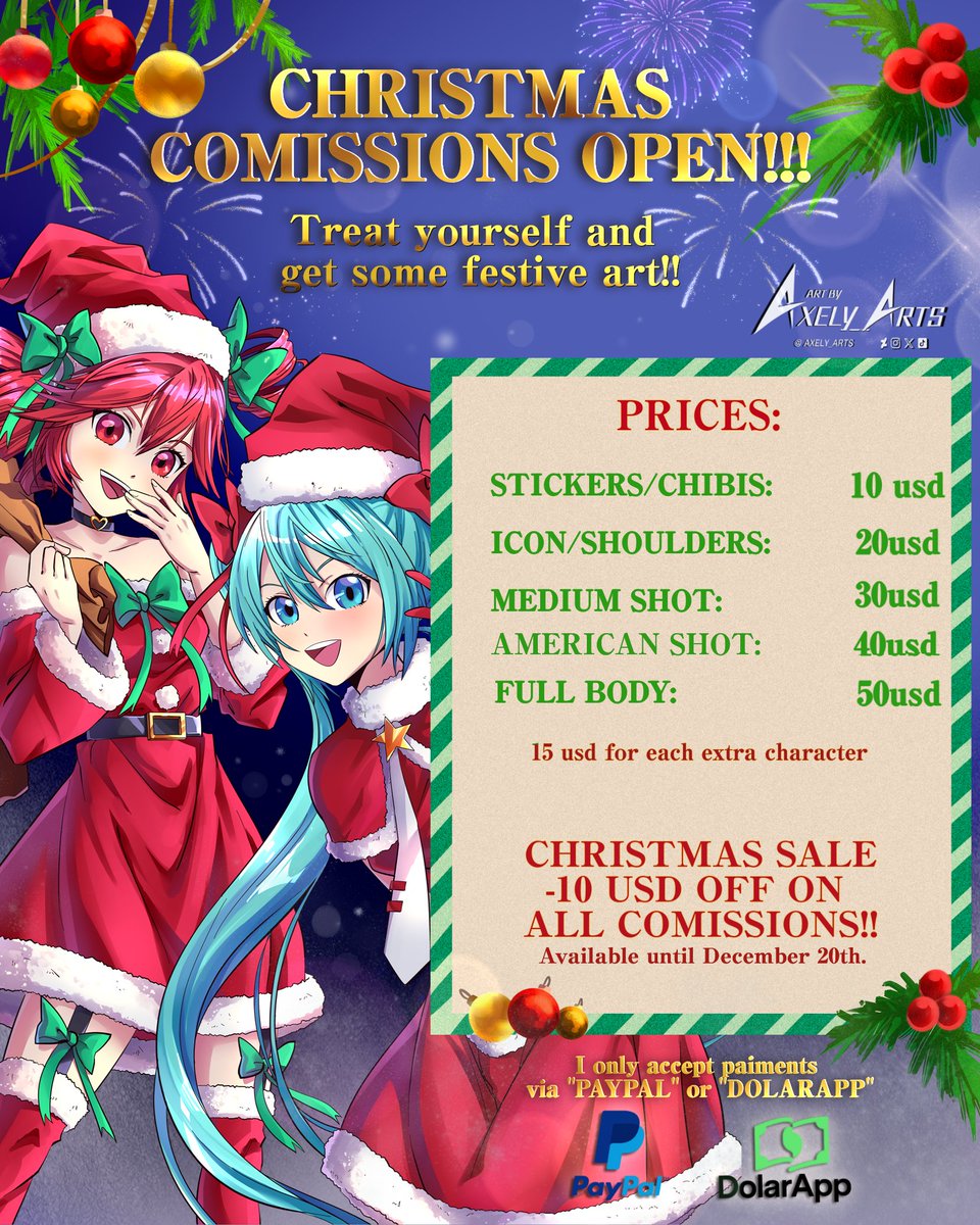 Limited-time offer 10% off any Christmas-themed illustration.
 Don’t miss out on getting your artwork for the holidays!☃️🌟
#Christmas2025 #comissions #digitalart #HatsuneMiku