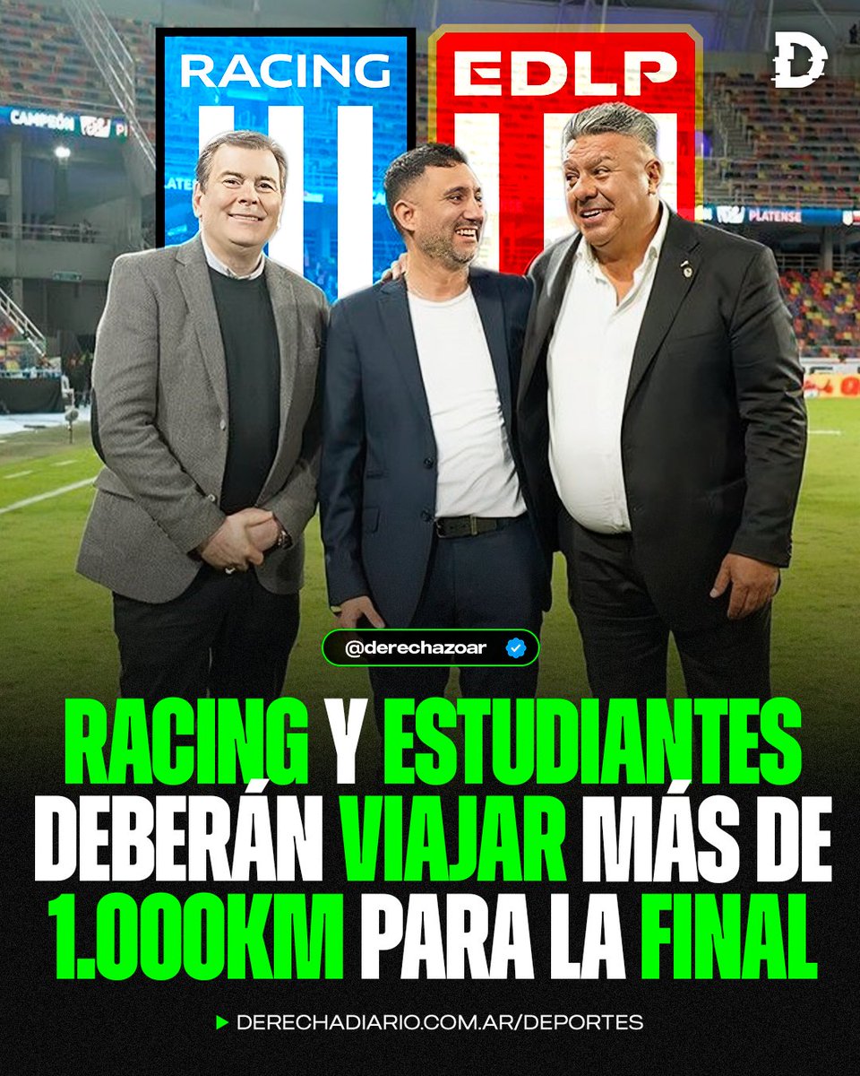derechazoar's tweet image. 🇦🇷🚨 VERGONZOSO: Racing y Estudiantes deberán viajar más de 1.000 kilómetros para jugar la final del Torneo Clausura.

‼️ Ambos clubes están a 50km de distancia, pero deberán irse a Santiago del Estero por los arreglos turbios del dictador Chiqui Tapia.